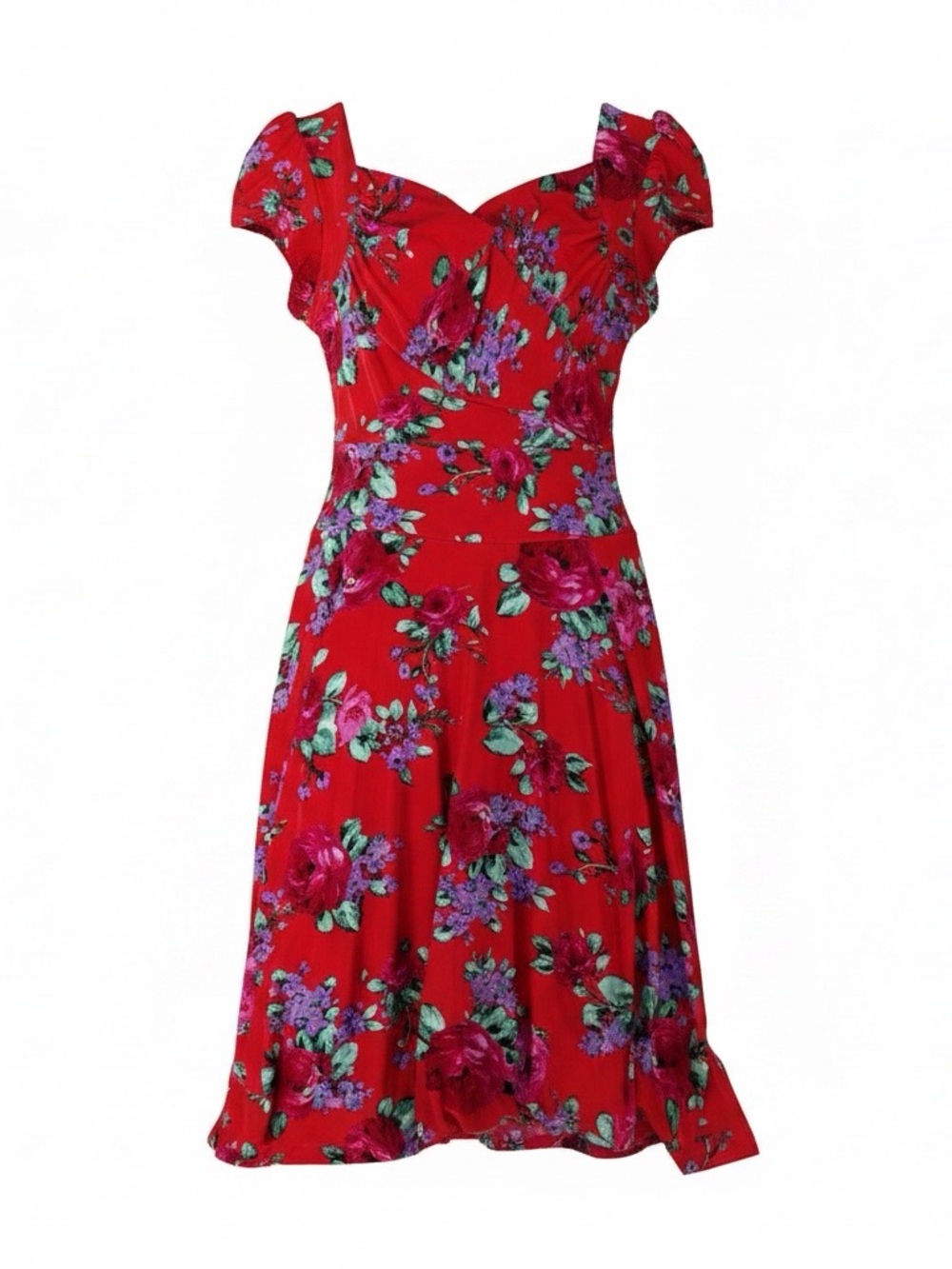 Red Floral Midi Dress with Sweetheart Neckline